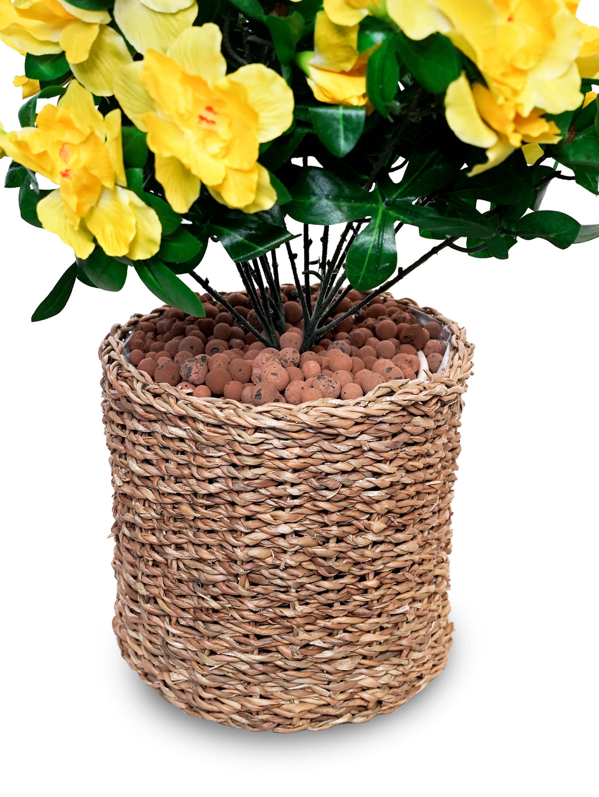 ARTIFICIAL AZALEA YELLOW FLOWER PLANT IN NATURAL HANDMADE BASKET-ازاليا صناعى ورد أصفر في سلة