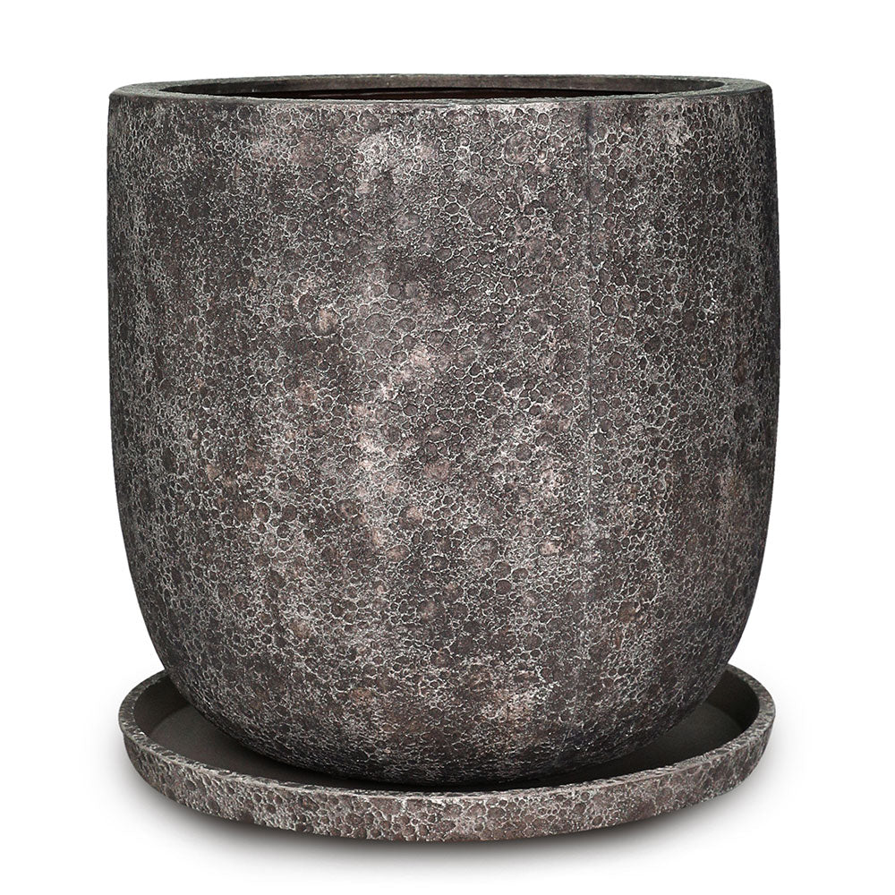 ROWENA DARK GREY FIBER COMPOSITE PLANTER WITH SAUCER D55CM - حوض روينا مع صحن مستدير