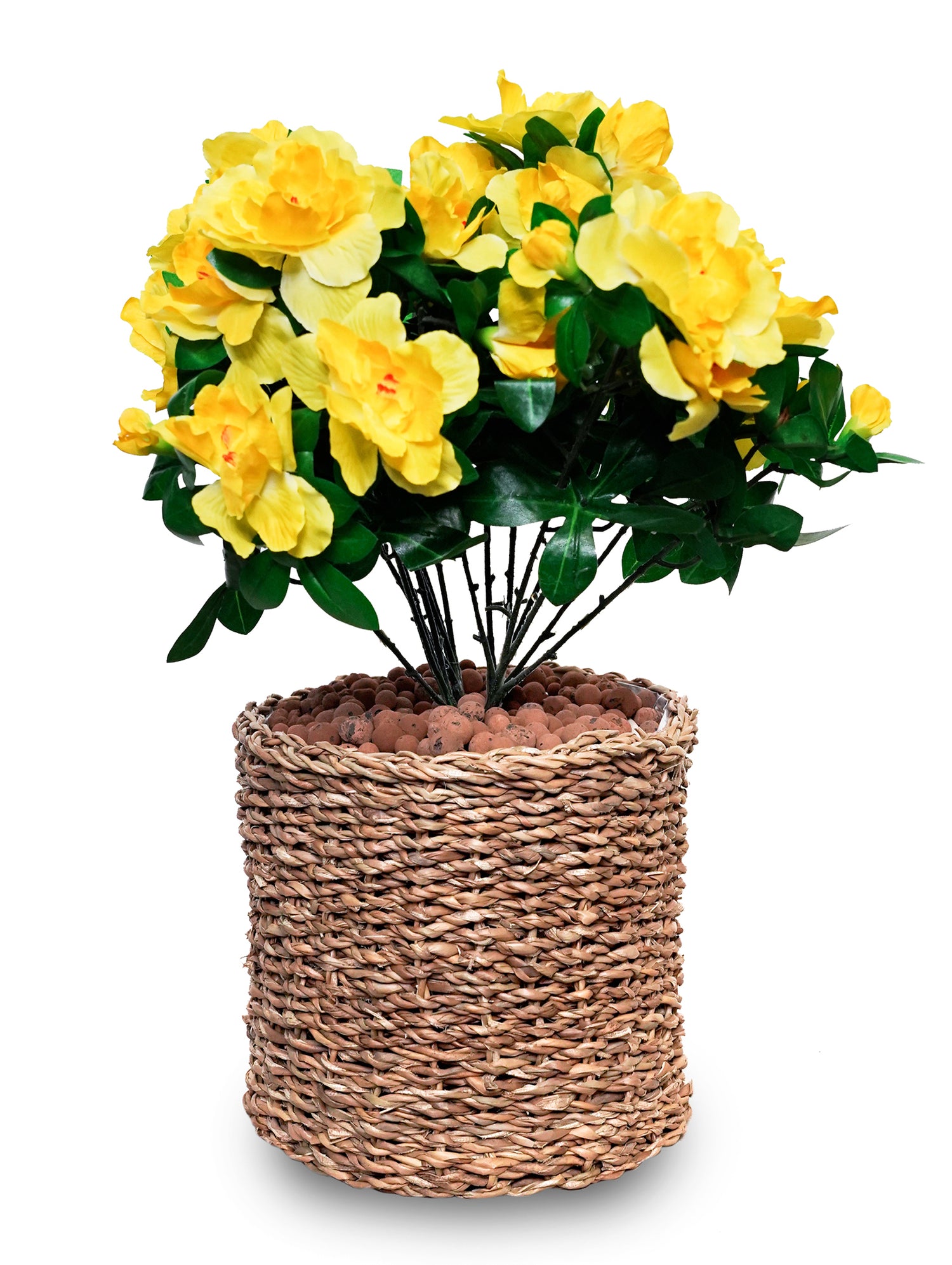 ARTIFICIAL AZALEA YELLOW FLOWER PLANT IN NATURAL HANDMADE BASKET-ازاليا صناعى ورد أصفر في سلة