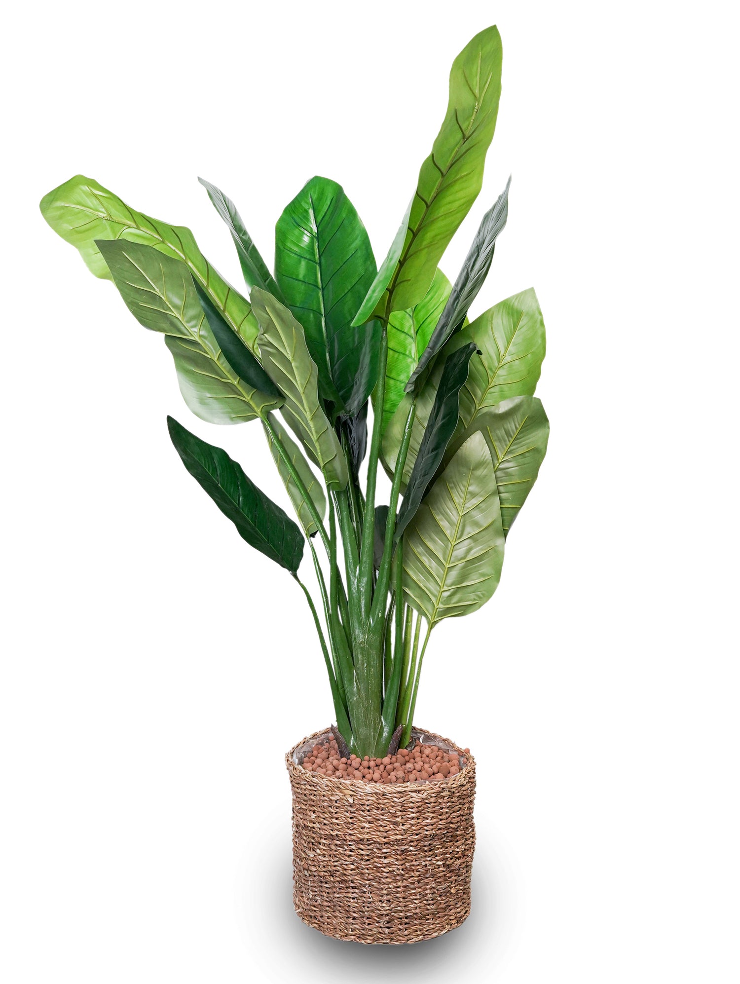 ARTIFICIAL STRELITZIA PLANT IN ROUND NATURAL HANDMADE BASKET-عصفور الجنة صناعى ( أوراق الموز البرى)  في سلة