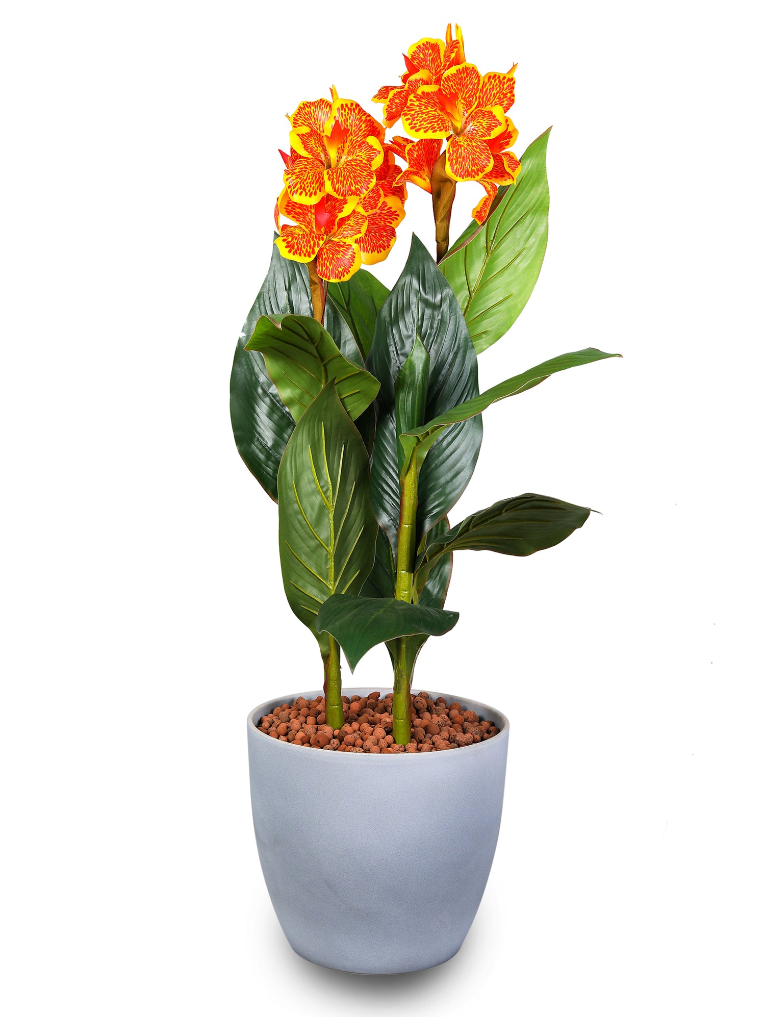 ARTIFICIAL CANNA PLANT ORANGE FLOWER IN GREY STONE ROUND CERAMIC POT- كنّا صناعى-زهور برتقالي في حوض سيراميك دائري من الحجر الرمادي